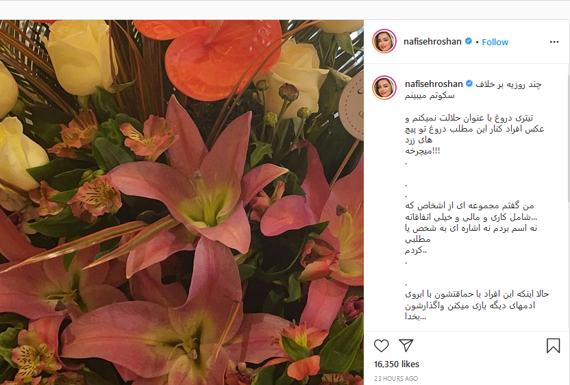 خط و نشون کشیدن نفیسه روشن برای منتقدینش + عکس