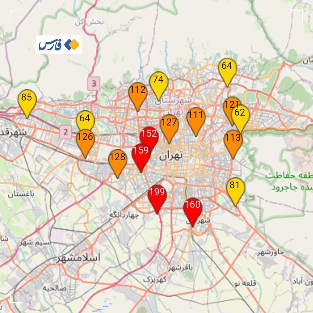 شاخص آلودگی هوای منطقهٔ ۱۹ تهران در مرز وضعیت خطرناک