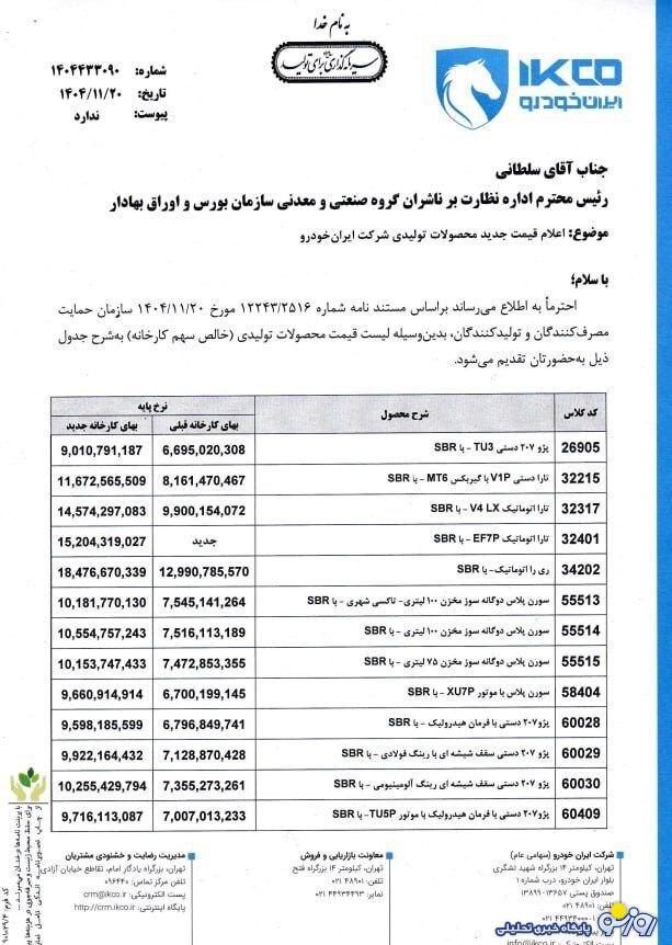 قیمت جدید محصولات ایران خودرو اعلام شد