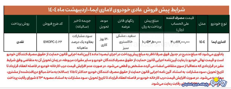 پیش فروش خودرو لاماری ایما ۲۹ اردیبهشت ۱۴۰۴