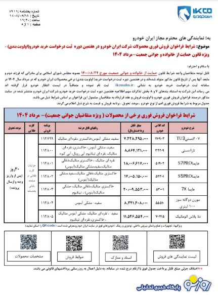 شرایط پیش فروش و فروش فوری محصولات ایران خودرو اعلام شد - ۱۹ مرداد ۱۴۰۴