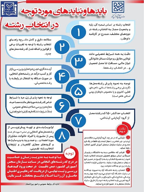 اینفوگرافیک / باید و نبایدهای انتخاب رشته آزمون سراسری اینفوگرافیک / باید و نبایدهای انتخاب رشته آزمون سراسری