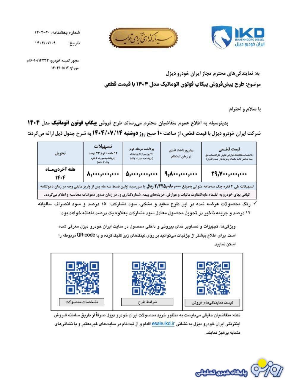 شرایط پیش فروش پیکاپ فوتون ایران خودرو اعلام شد