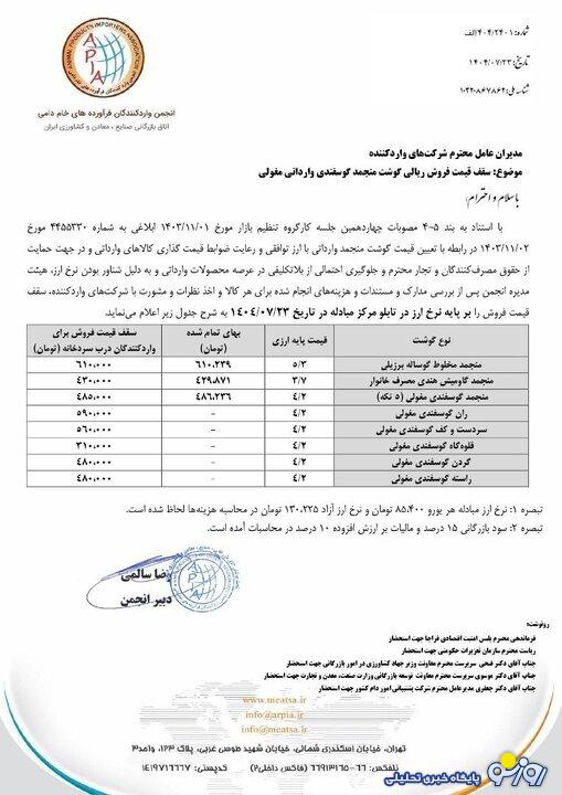 قیمت گوشت وارداتی اعلام شد