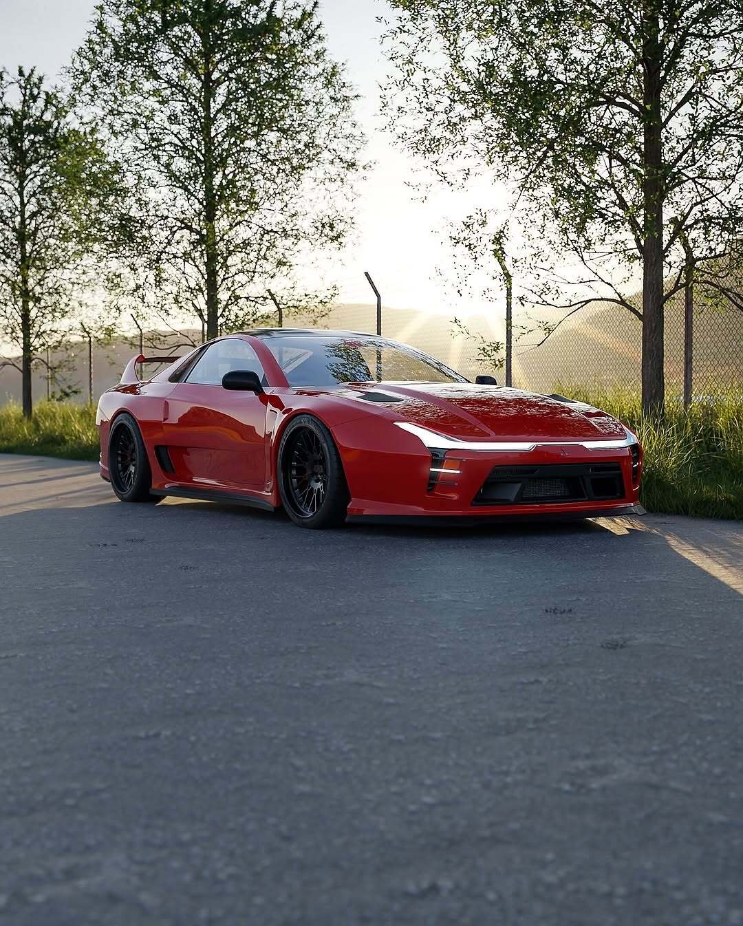 تصویری کامپیوتری و رندر شده از طرح مفهومی میتسوبیشی ۳۰۰۰GT با بازطراحی مدرن، بدنه عریض، چراغ‌های LED و رینگ‌های مشکی، که توسط روستیسلاو پروکوپ به عنوان یک سوپر GT برای سال ۲۰۲۵ بازآفرینی شده است.