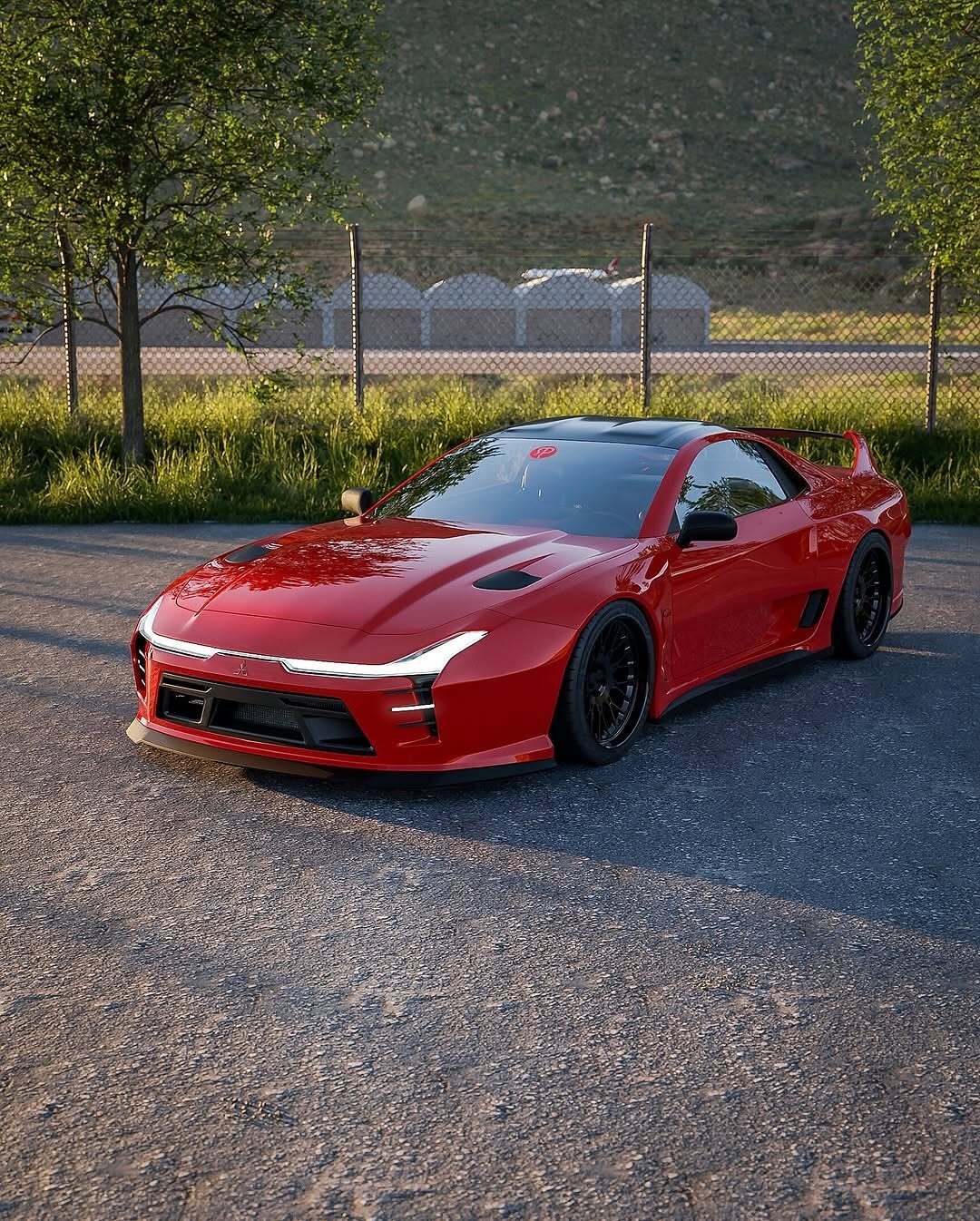 تصویری کامپیوتری و رندر شده از طرح مفهومی میتسوبیشی ۳۰۰۰GT با بازطراحی مدرن، بدنه عریض، چراغ‌های LED و رینگ‌های مشکی، که توسط روستیسلاو پروکوپ به عنوان یک سوپر GT برای سال ۲۰۲۵ بازآفرینی شده است.