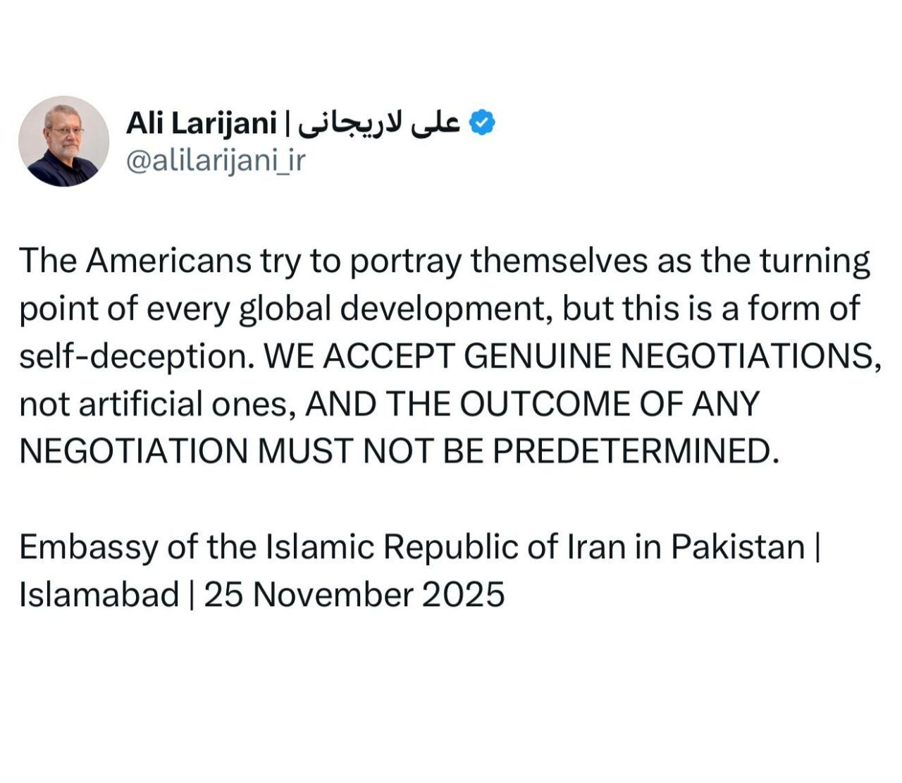 لاریجانی: مذاکرات واقعی را می‌پذیریم!