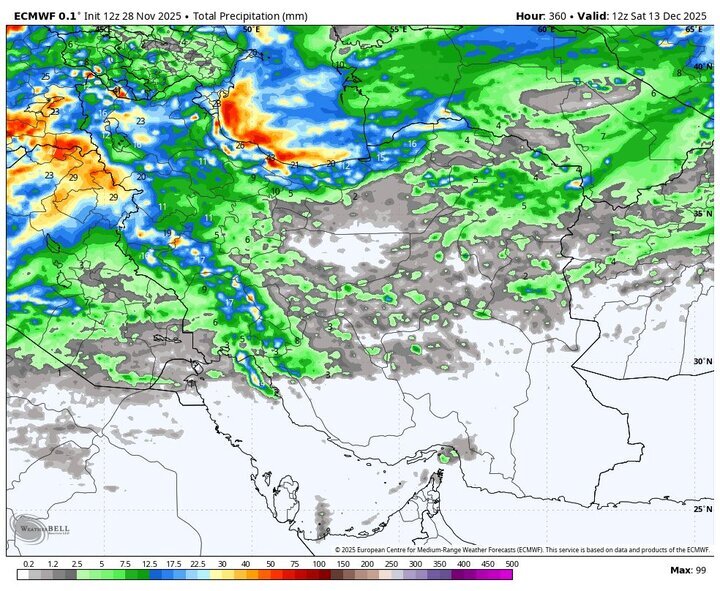 نقشه هواشناسی بارش برف و باران از 10 آذر