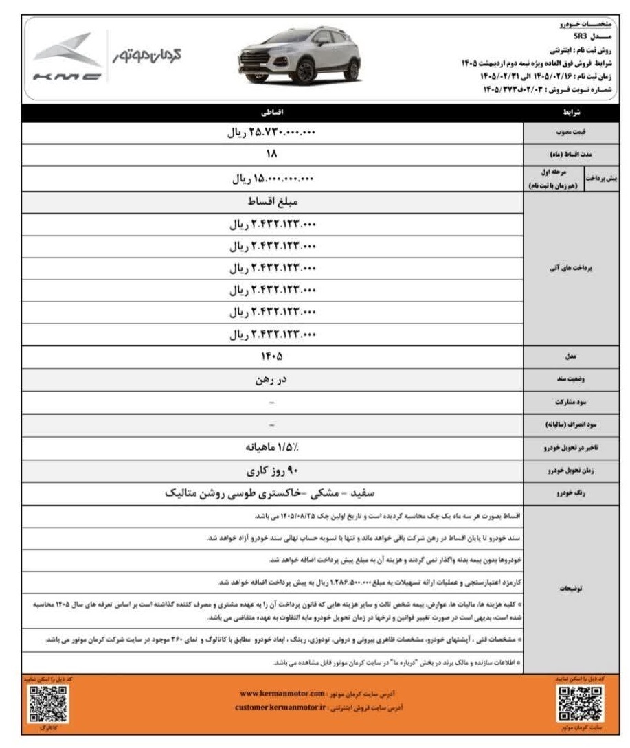 شرایط ثبت‌نام فروش فوق العاده کرمان موتور اردیبهشت ۱۴۰۵ / با اقساط ۱۸ ماهه خودرو بخرید + لینک